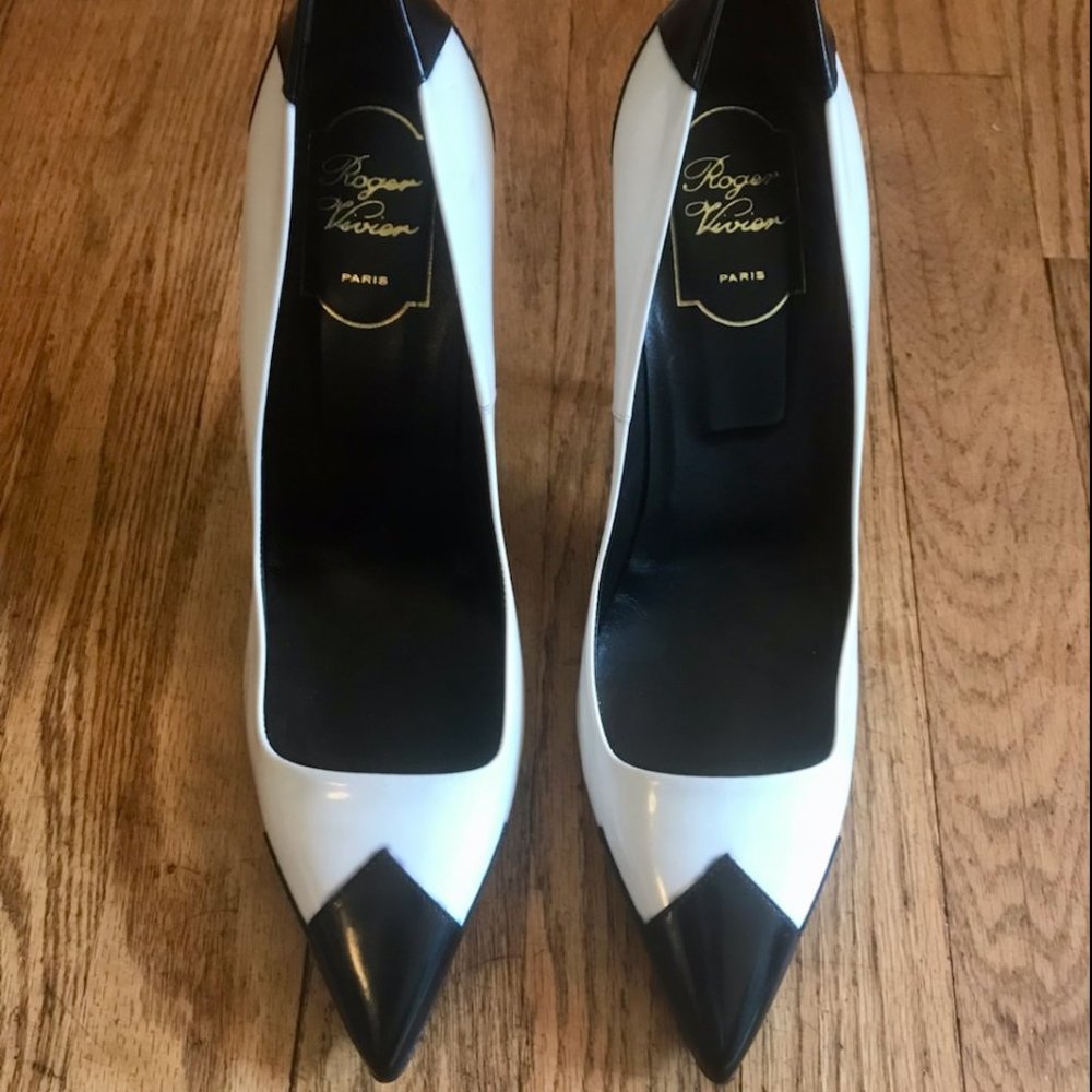 Roger Vivier White and Black Pointed Toe Pumps